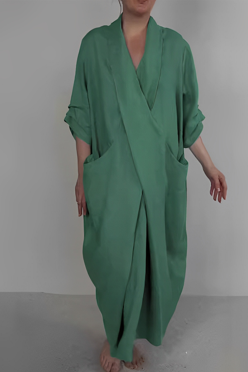 Casual Pocket Slit V Neck Irregular Long Dresses(7 Colors)
