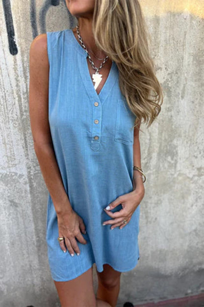 Vestidos casuales sin mangas con cuello en V y botones de bolsillo (4 colores)