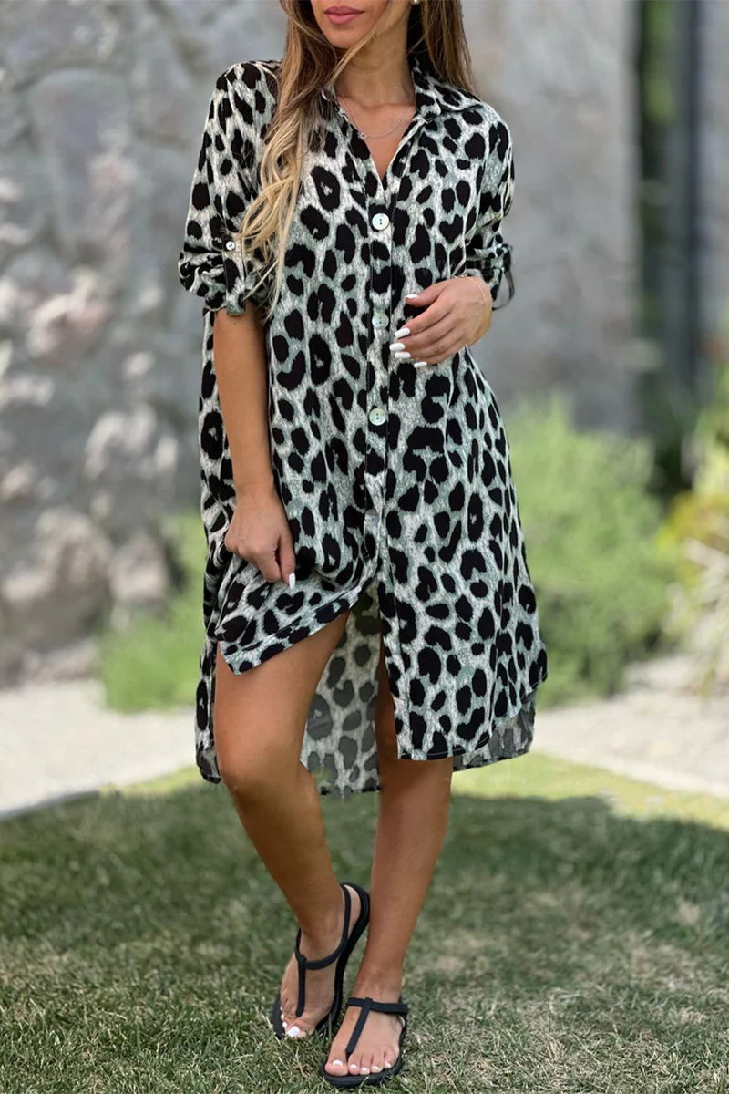 Casual Leopard Buttons Turndown Collar Long Sleeve Dresses
