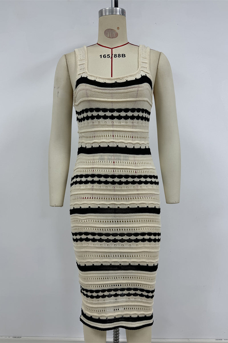Sexy Stripe Weave Contrast U Neck One Step Skirt Dresses