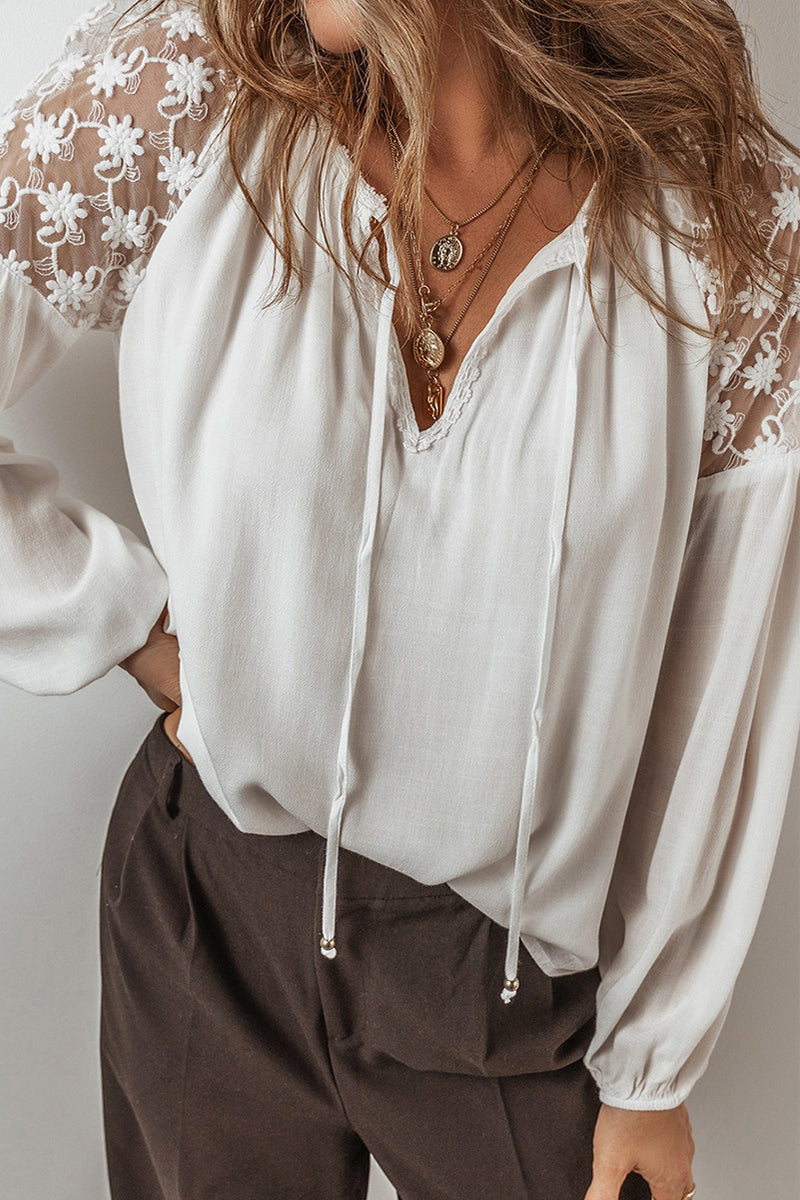 Casual Lace Lace Up Patchwork V Neck Blouses