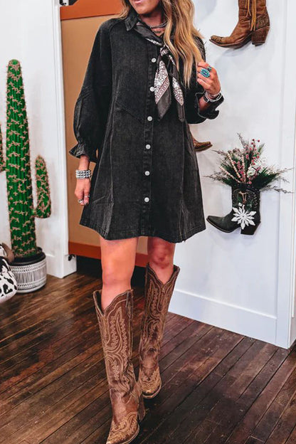 Casual Distressed Patchwork Turndown Collar Three Quarter Loose Denim Dresses