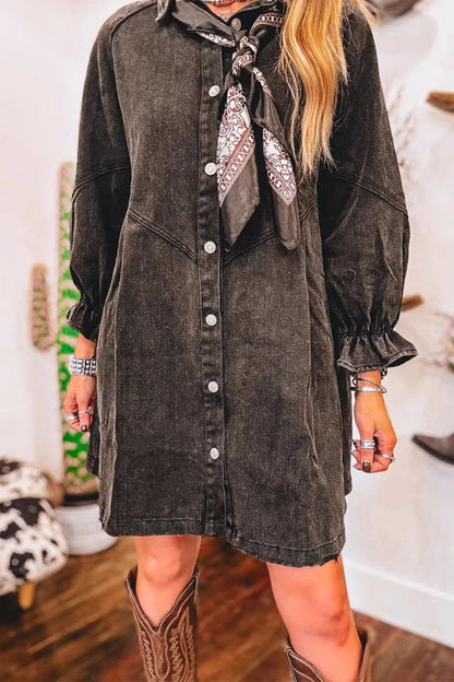 Casual Distressed Patchwork Turndown Collar Three Quarter Loose Denim Dresses