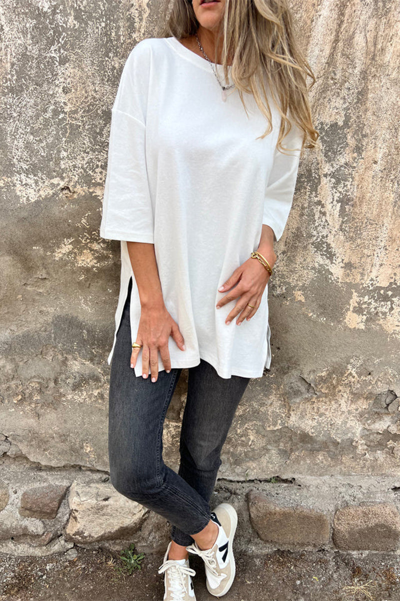 Daily Solid Color Slit O Neck Tops