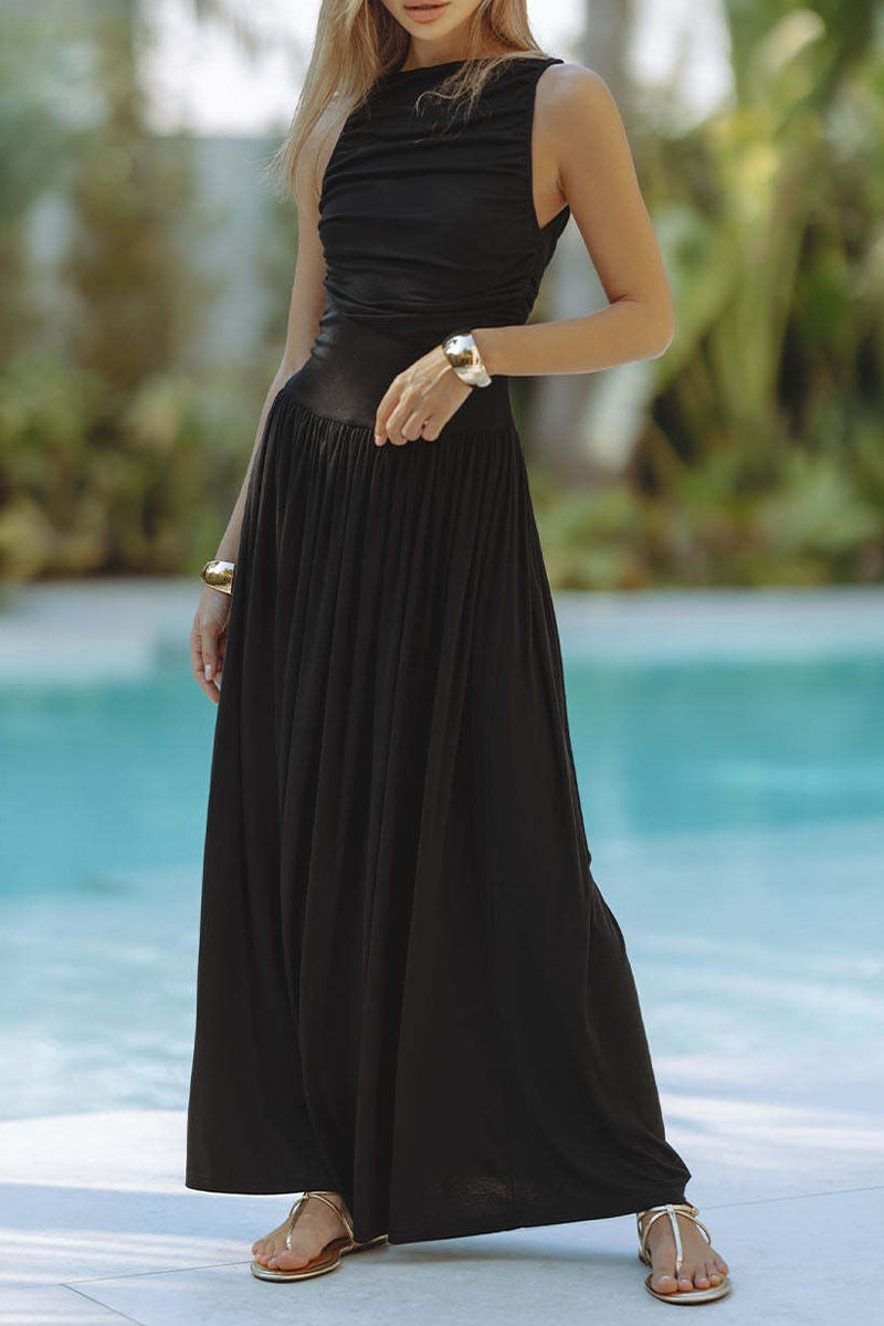 Casual Ruched O Neck Sleeveless Dresses(3 Colors)