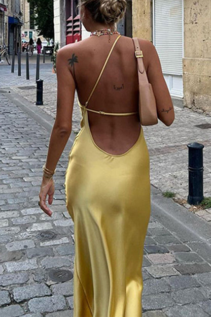 Vestidos largos sexis de color sólido con espalda descubierta y abertura con hombros caídos