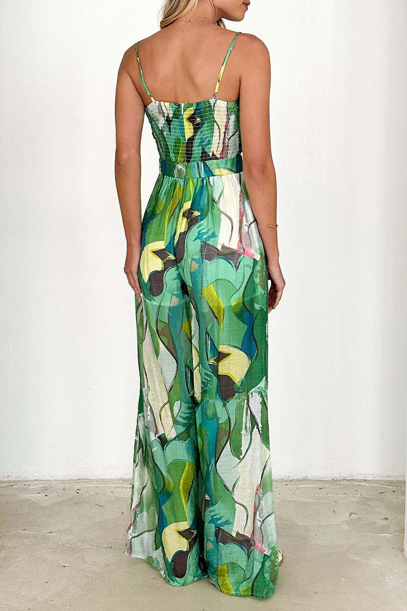 Mono holgado informal con cuello en V en contraste y bolsillos con estampado floral