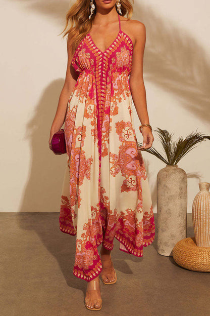 Vestidos de playa sexys con estampado floral, encaje, espalda descubierta, escote en V en contraste