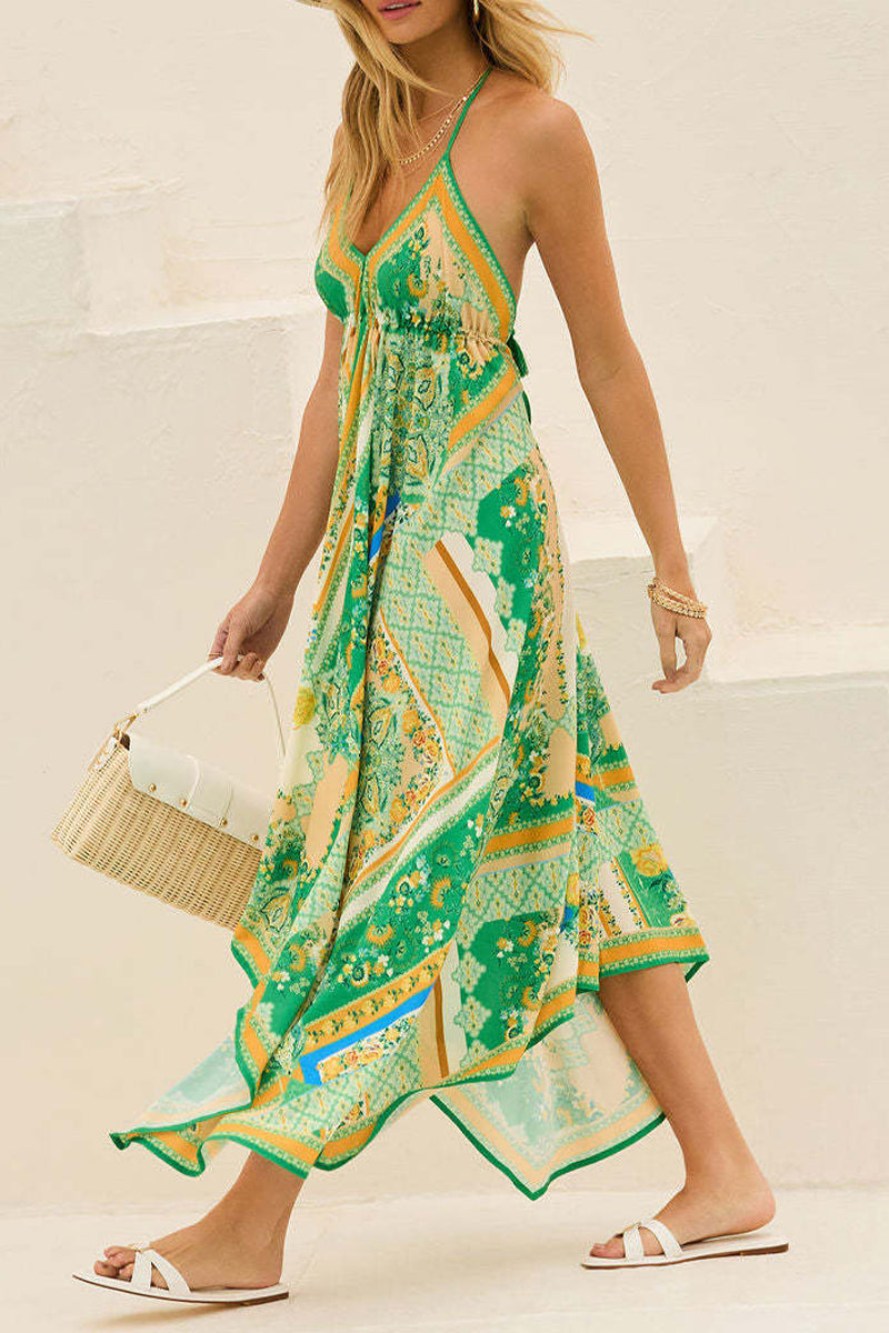 Vestidos de playa sexys con estampado floral, encaje, espalda descubierta, escote en V en contraste