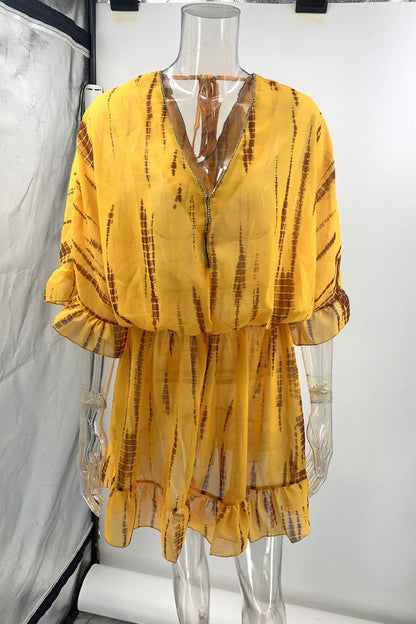 Casual Vacation Geometric Print Ruffle V Neck A Line Dresses