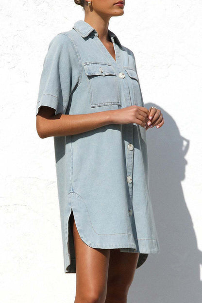 Casual Distressed Buttons Turndown Collar Short Sleeve Loose Denim Dresses