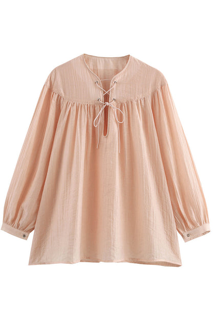 Casual Solid Color Lace Up O Neck Blouses