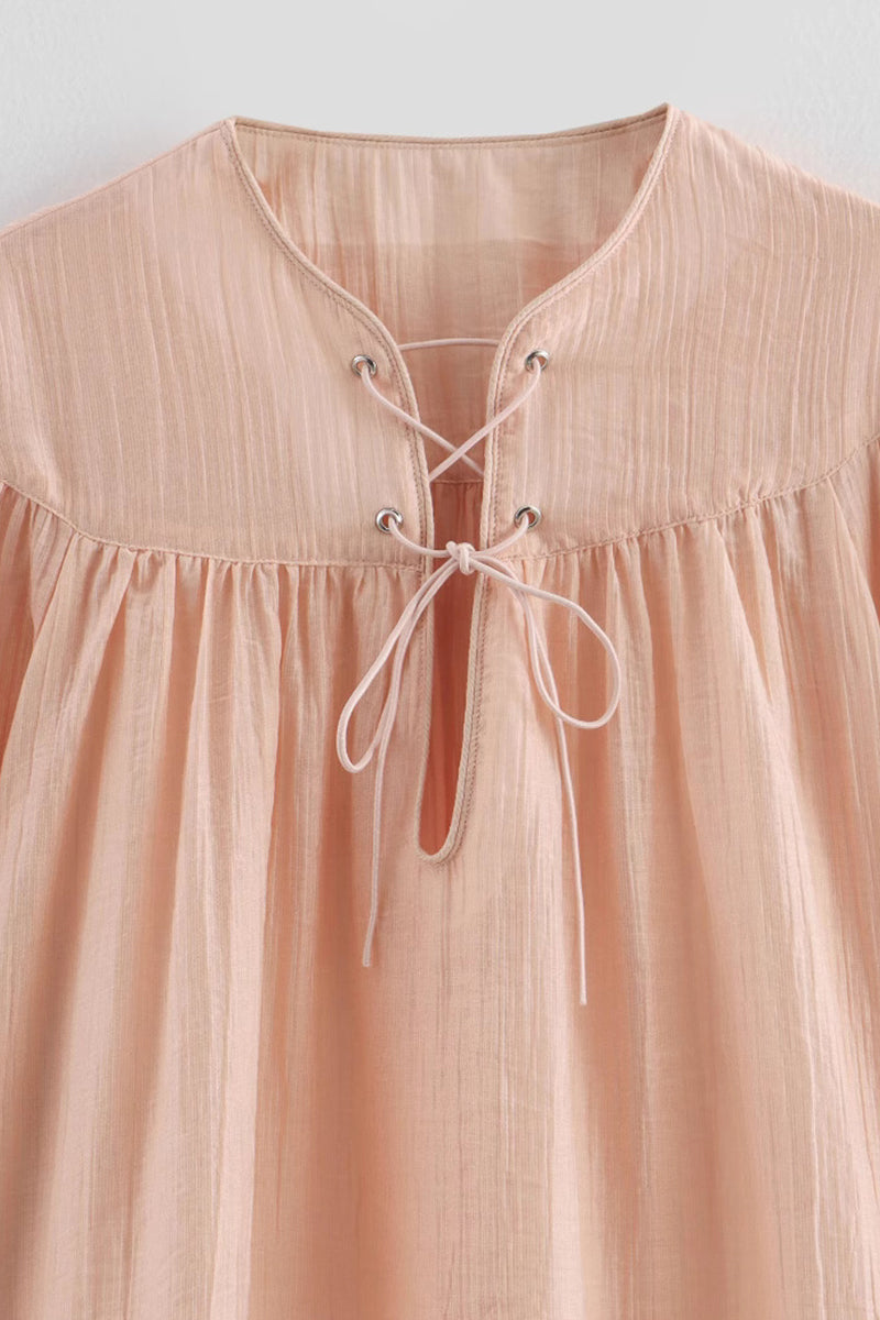 Casual Solid Color Lace Up O Neck Blouses