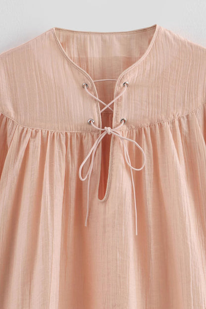 Casual Solid Color Lace Up O Neck Blouses