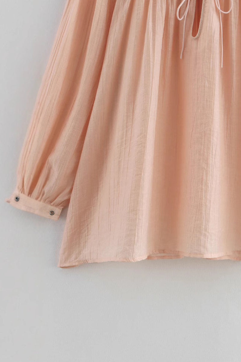 Casual Solid Color Lace Up O Neck Blouses