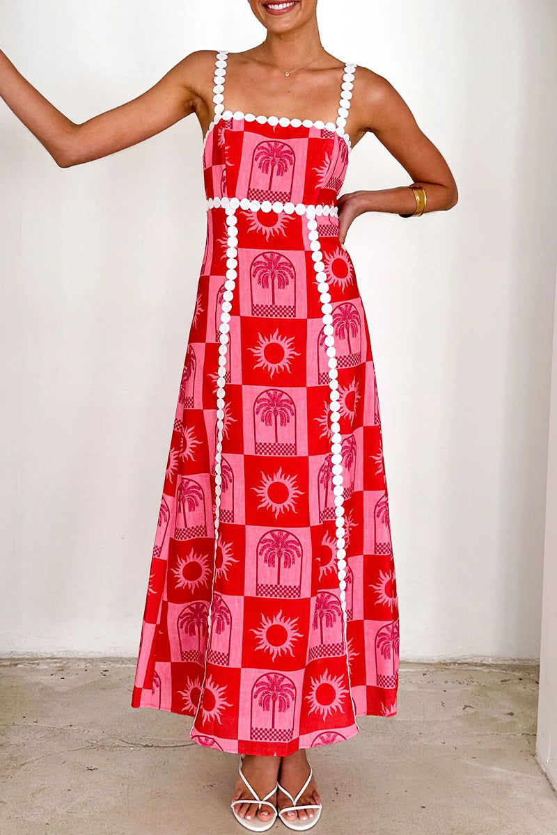 Vacation Graffiti Print fruit Patchwork Contrast Square Neck Sling Dresses