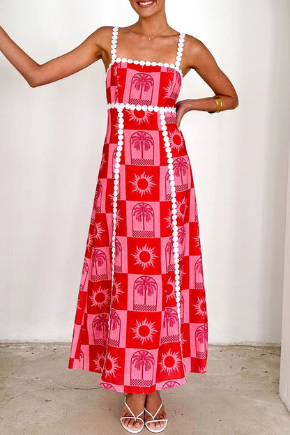 Vacation Graffiti Print fruit Patchwork Contrast Square Neck Sling Dresses