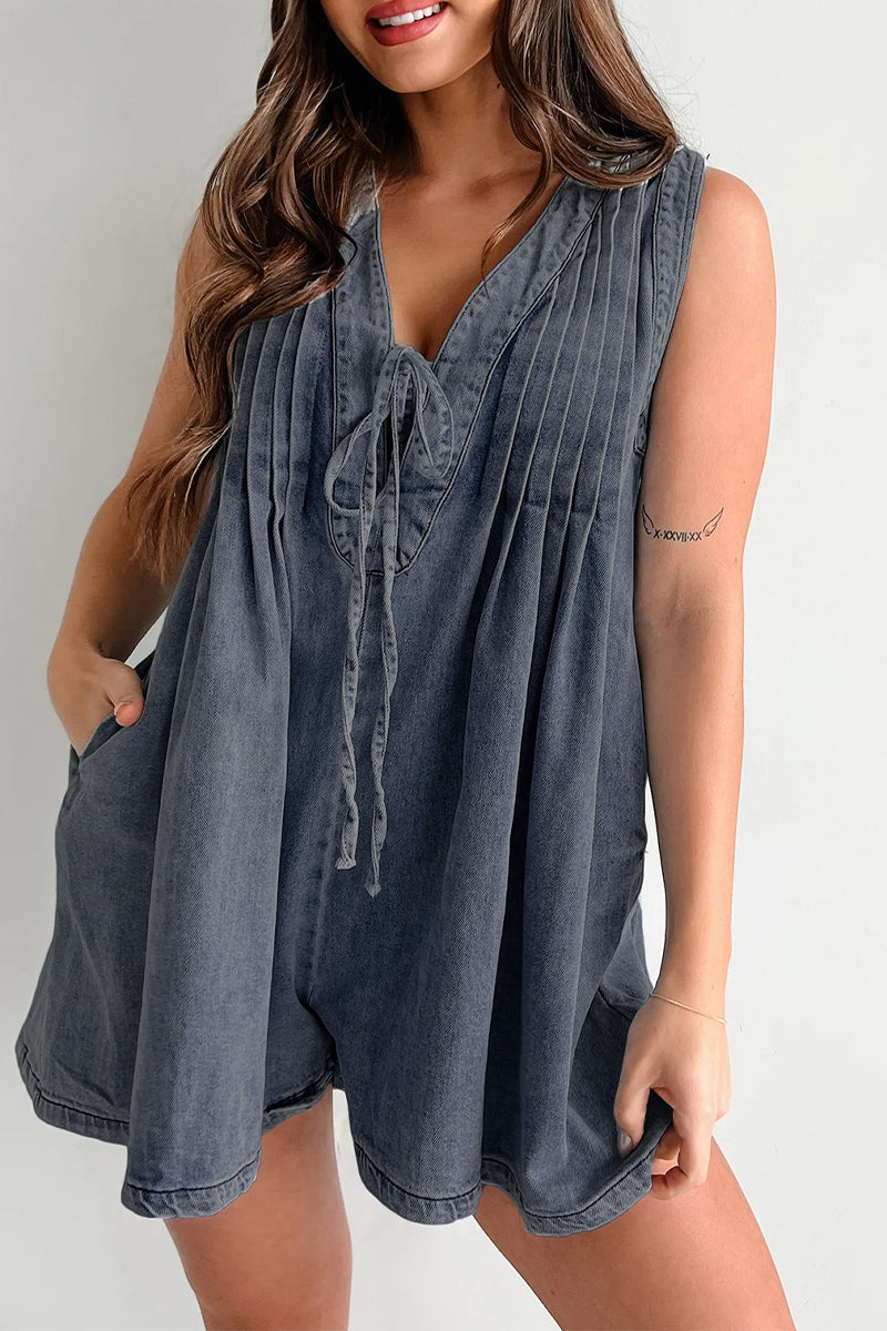 Casual Street Pocket Lace Up V Neck Sleeveless Loose Denim Jumpsuits(9 Colors)