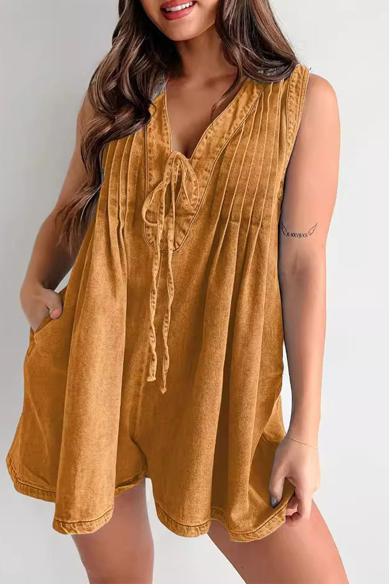 Casual Street Pocket Lace Up V Neck Sleeveless Loose Denim Jumpsuits