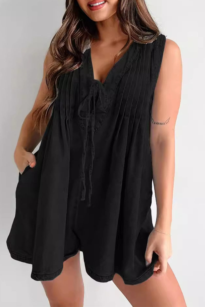 Casual Street Pocket Lace Up V Neck Sleeveless Loose Denim Jumpsuits(9 Colors)