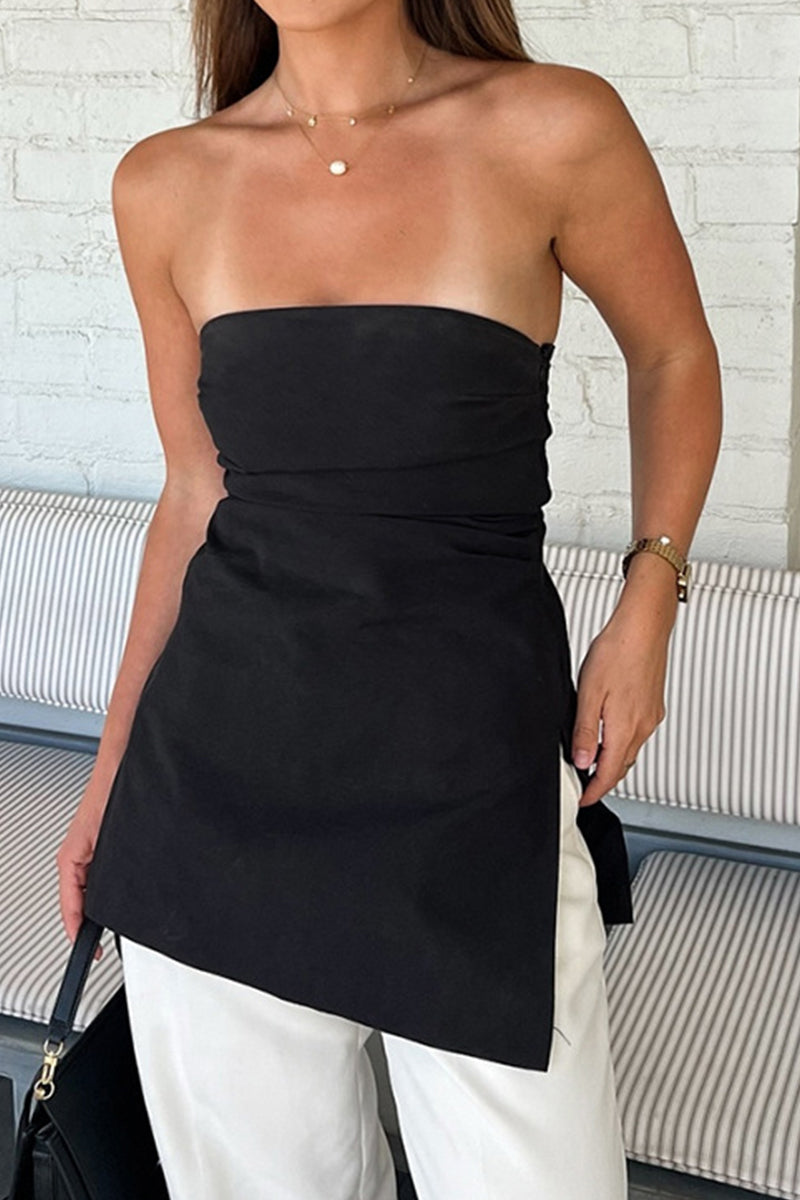 Sexy Slit Zipper Strapless Tops