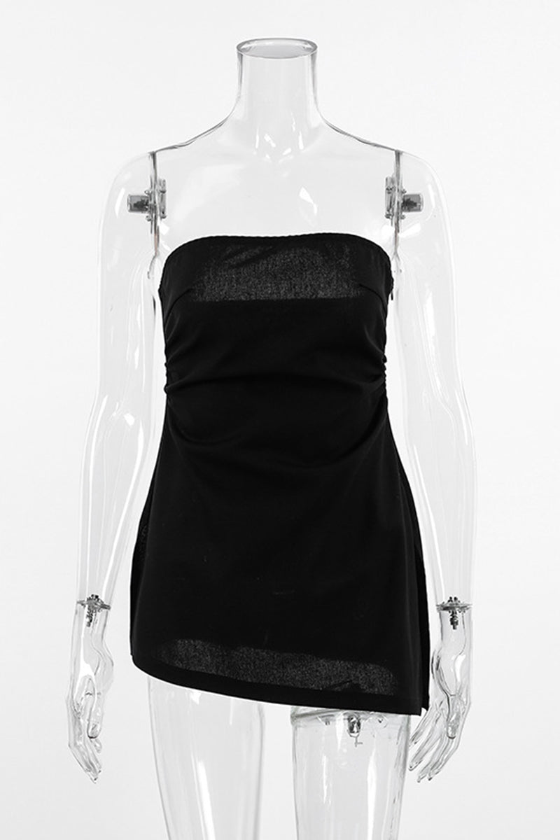 Sexy Solid Color Slit Zipper Strapless Tops