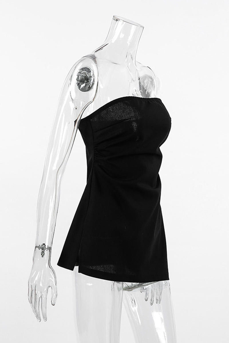 Sexy Solid Color Slit Zipper Strapless Tops