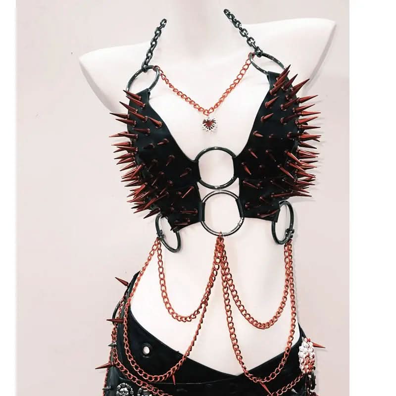 PU leather rivet o ring metal chain top  | Festival Outfits Women