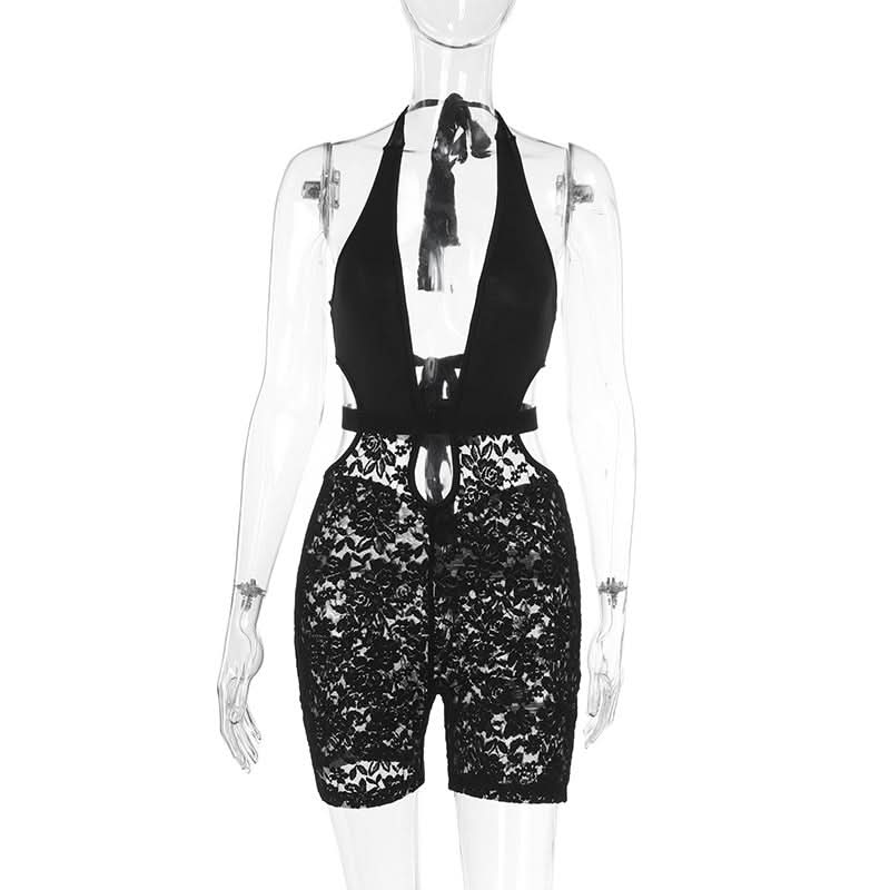 Halter v neck hollow out lace self tie romper  | Festival Outfits Women