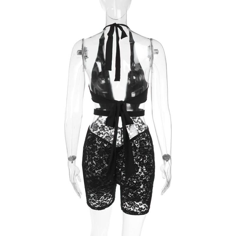 Halter v neck hollow out lace self tie romper  | Festival Outfits Women