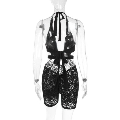 Halter v neck hollow out lace self tie romper  | Festival Outfits Women