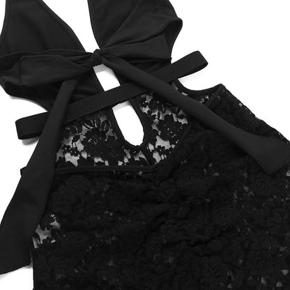 Halter v neck hollow out lace self tie romper  | Festival Outfits Women