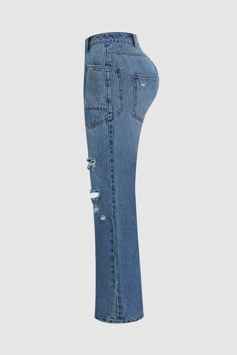 Vaqueros de mezclilla de cintura media con bolsillos desgastados y rotos de estilo urbano