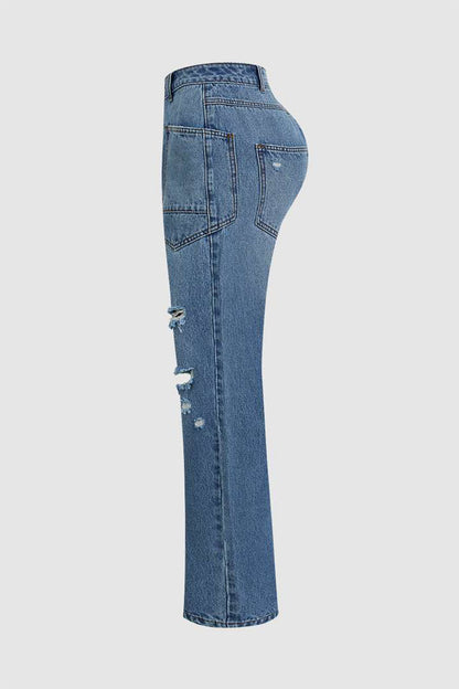 Vaqueros de mezclilla de cintura media con bolsillos desgastados y rotos de estilo urbano