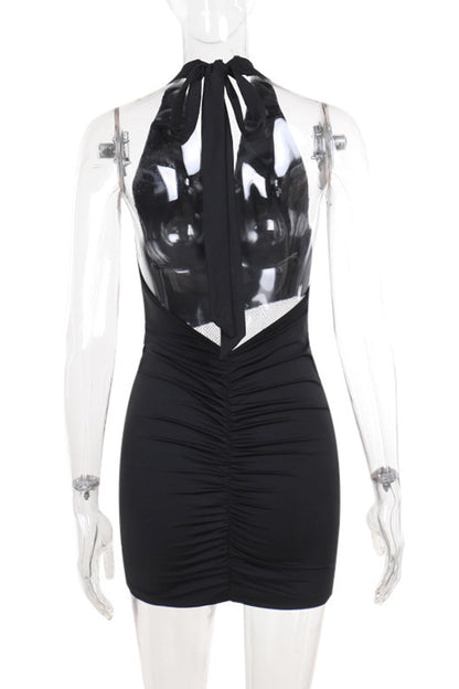 Sexy Lace Up Backless Mesh Halter Wrapped Skirt Dresses