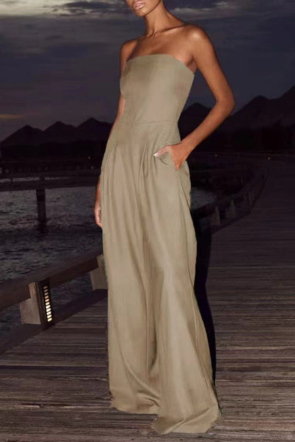 Casual Pocket Patchwork Backless Strapless Loose Jumpsuits(3 Colors)