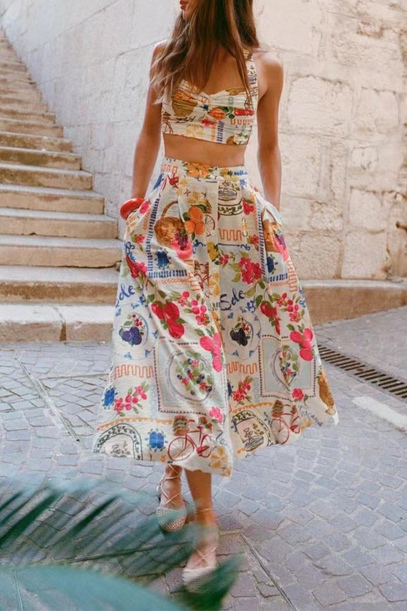 Elegant Floral Print Pocket Ruched Contrast Square Neck Sleeveless Two Pieces