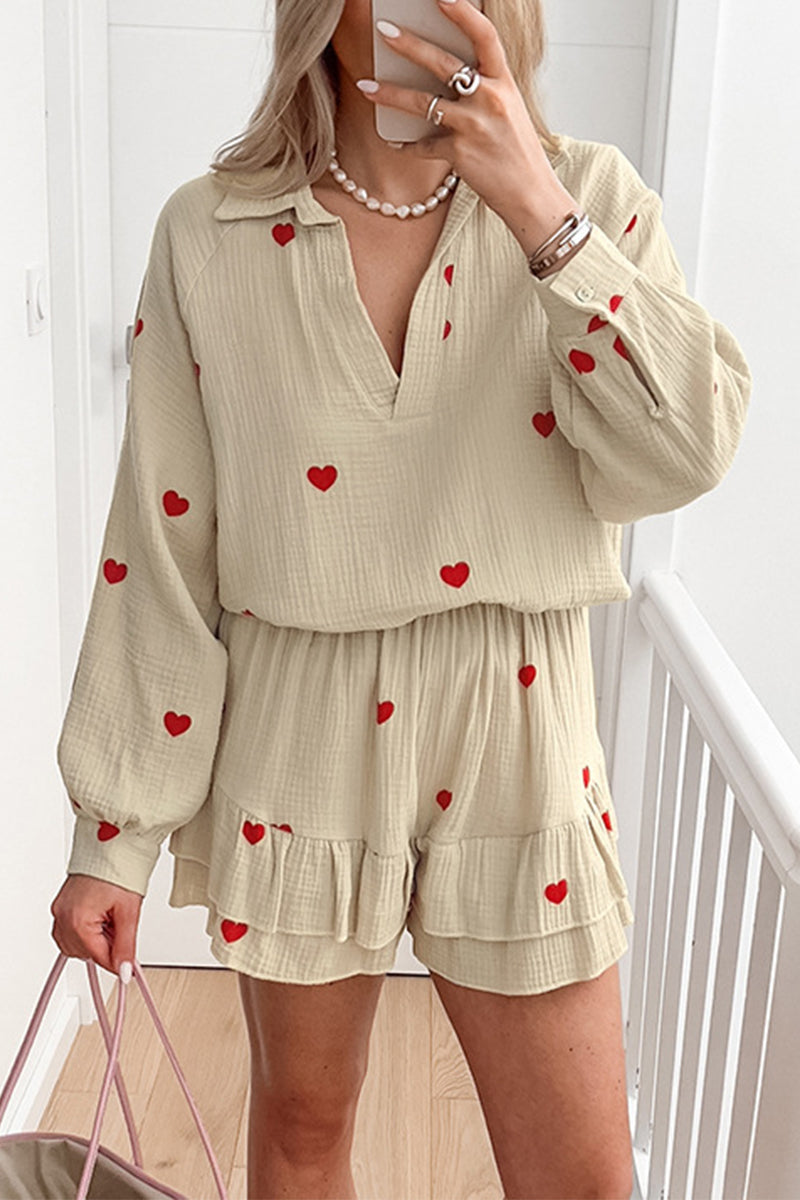 Casual Love Print Patchwork Ruffle V Neck Long Sleeve Two Pieces