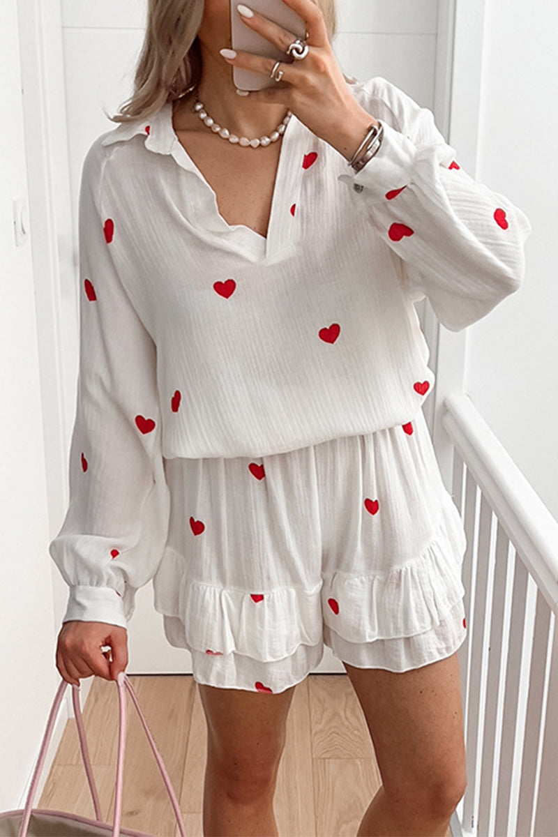 Casual Love Print Patchwork Ruffle V Neck Long Sleeve Two Pieces