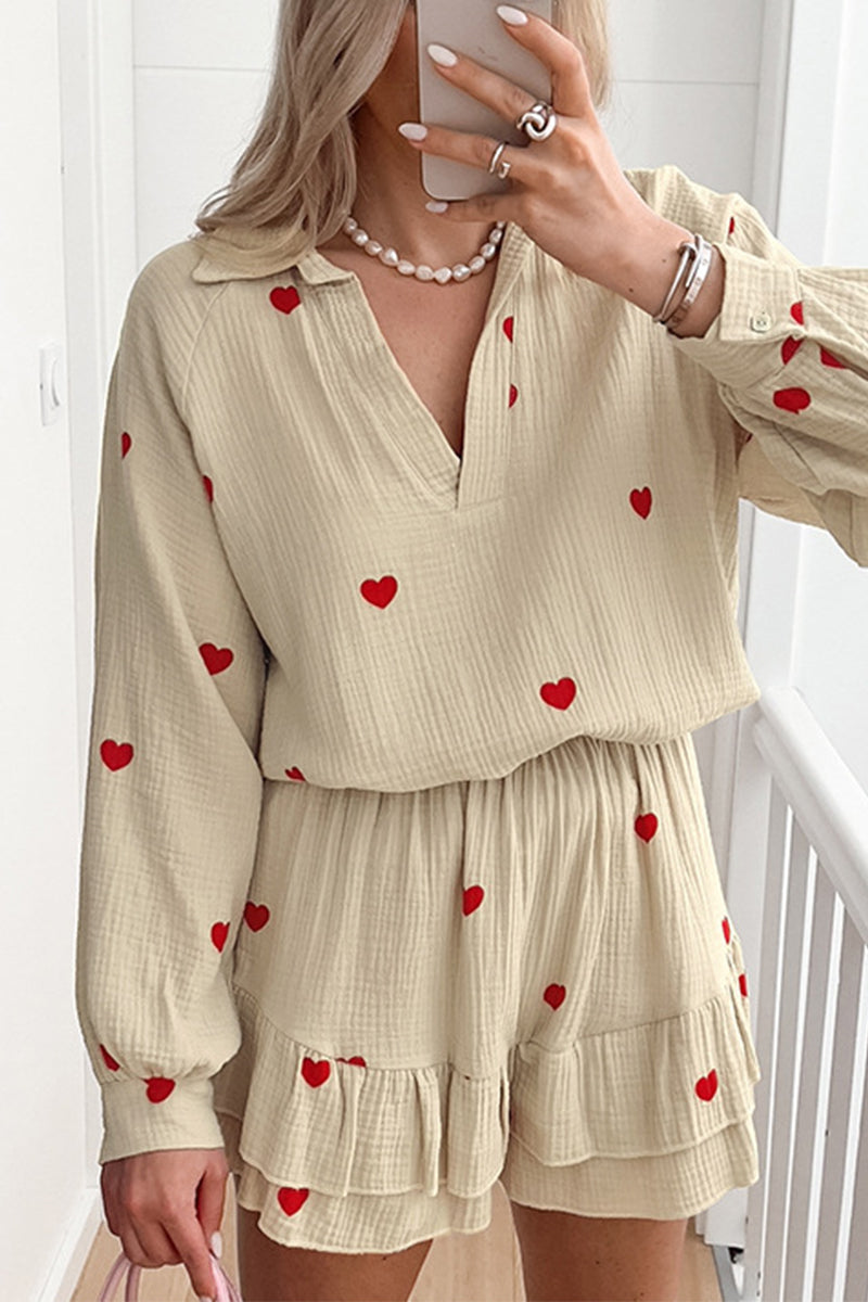 Casual Love Print Patchwork Ruffle V Neck Long Sleeve Two Pieces