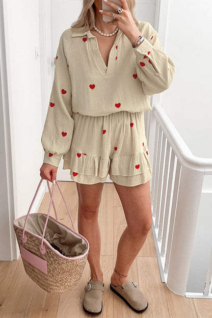 Casual Love Print Patchwork Ruffle V Neck Long Sleeve Two Pieces