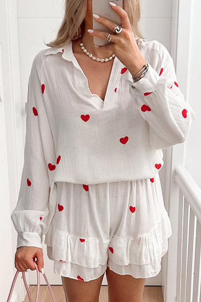 Casual Love Print Patchwork Ruffle V Neck Long Sleeve Two Pieces