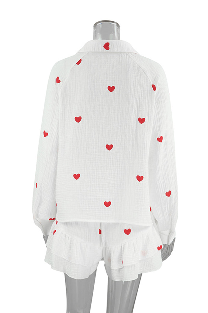 Casual Love Print Patchwork Ruffle V Neck Long Sleeve Two Pieces