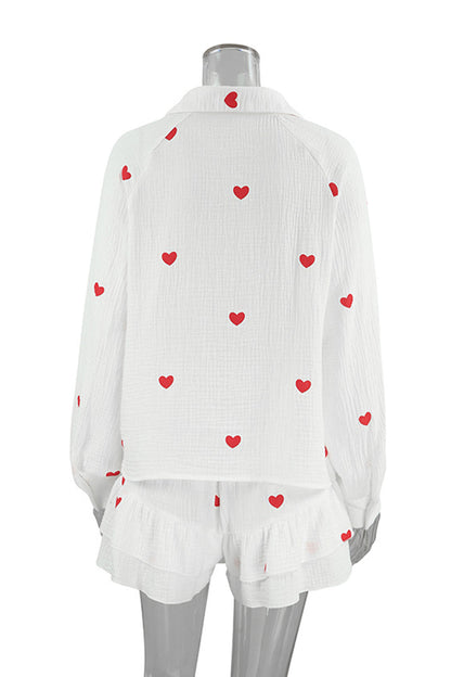 Casual Love Print Patchwork Ruffle V Neck Long Sleeve Two Pieces