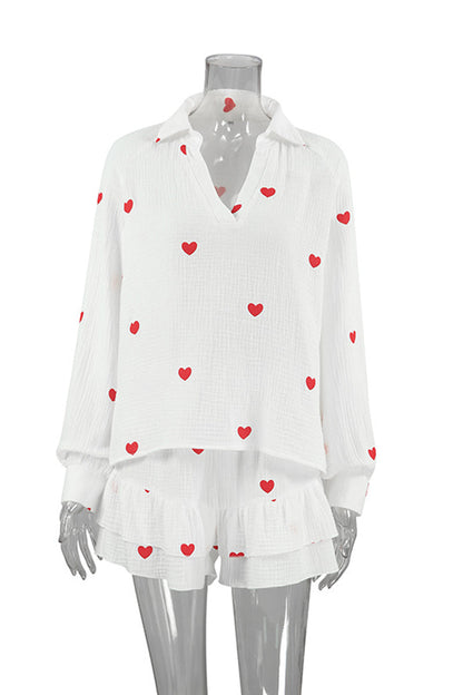 Casual Love Print Patchwork Ruffle V Neck Long Sleeve Two Pieces