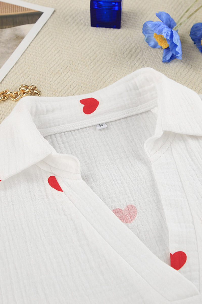 Casual Love Print Patchwork Ruffle V Neck Long Sleeve Two Pieces