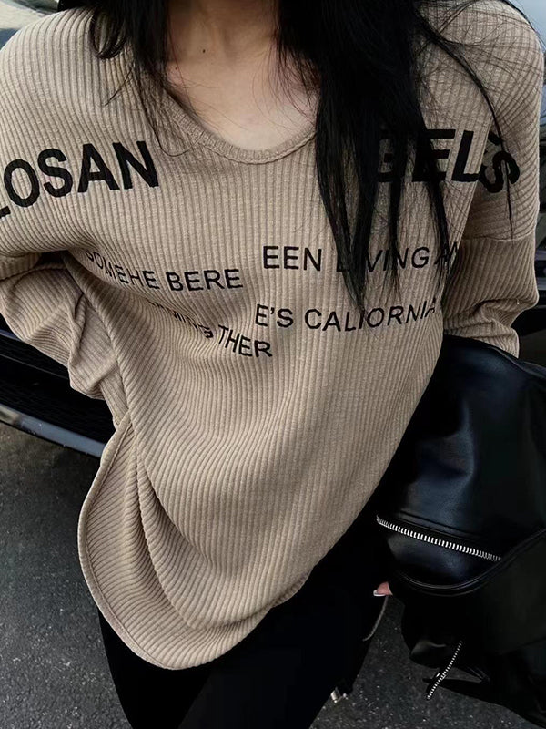 Letter Print U Neck Irregular Slit Long Sleeve Knit