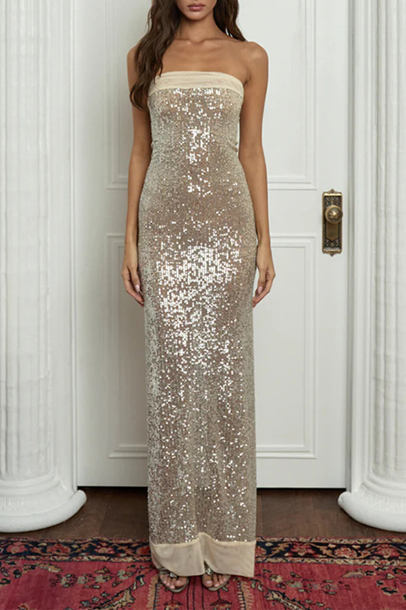 Sexy Sequins Slit Sequined Strapless Long Dresses(3 Colors)