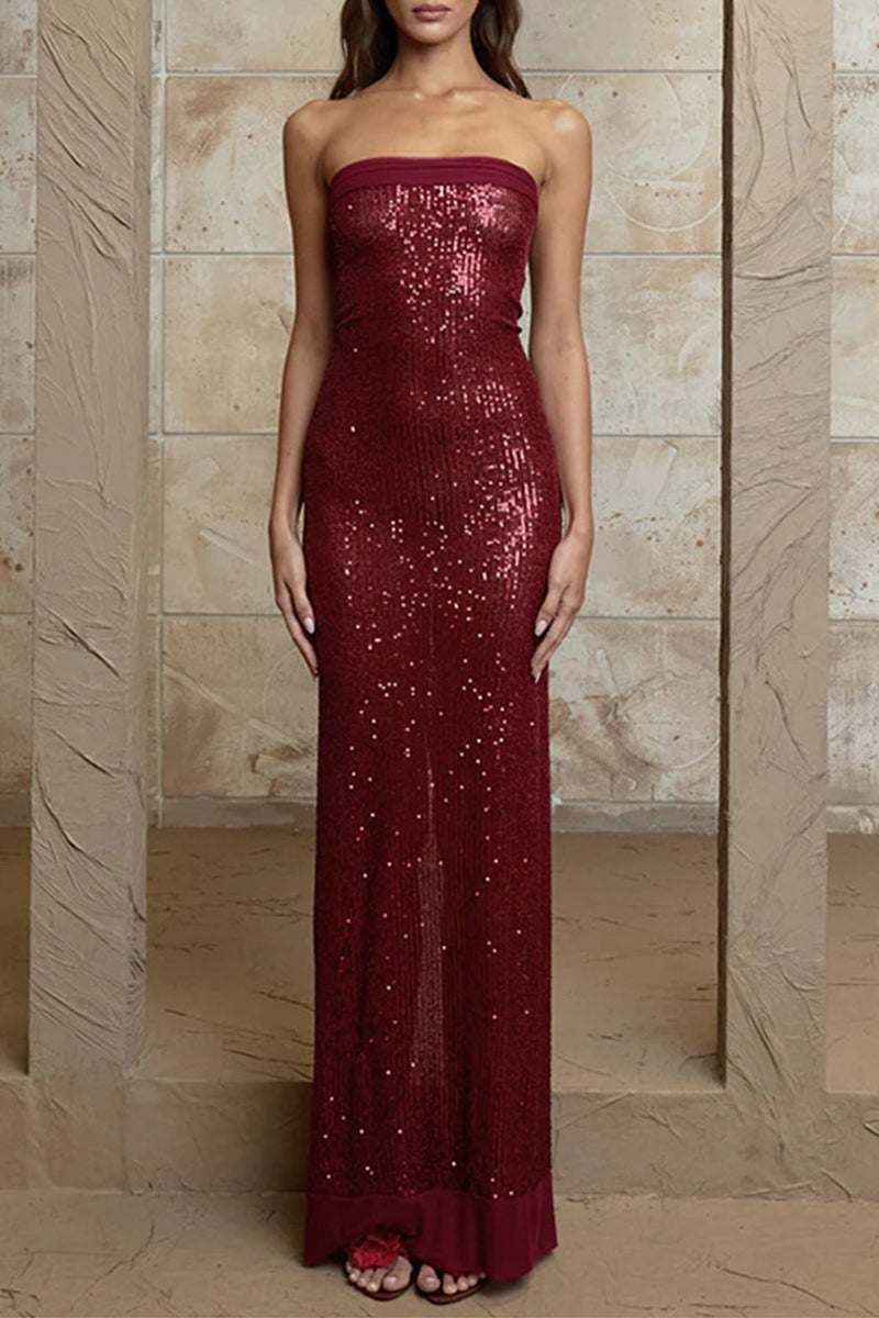 Sexy Sequins Slit Sequined Strapless Long Dresses(3 Colors)