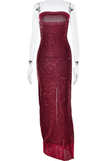 Sexy Sequins Slit Sequined Strapless Long Dresses(3 Colors)